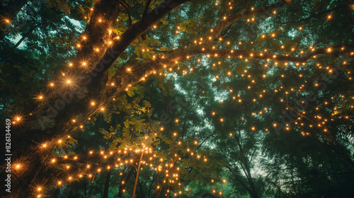Twinkling string lights adorn the branches of trees in a mystical forest setting during twilight hours