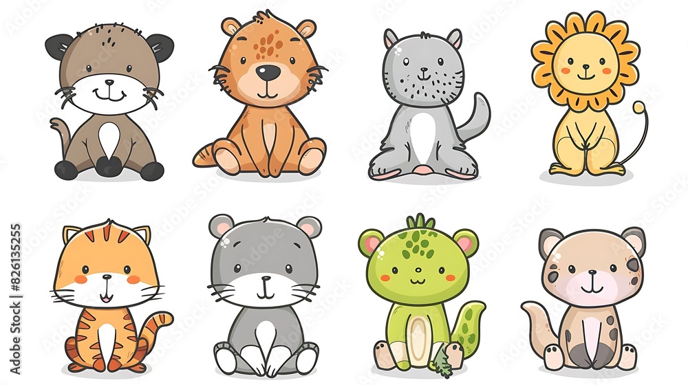 Whimsical Cartoon Animals in Simple Draw Style on White Background Whimsical Cartoon Animals in Simple Draw Style on White Background