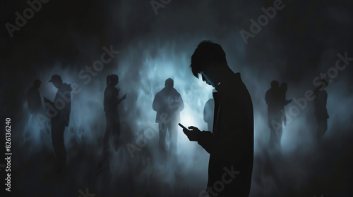 Silhouettes of people in a dark, foggy environment, one person using a smartphone. © Krungpol