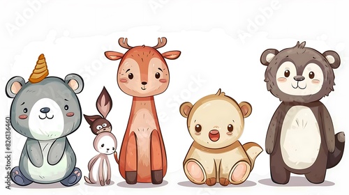 Whimsical Cartoon Animals in Simple Style on White Background for a Cheerful Vibe photo