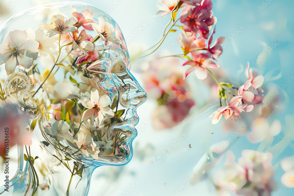 Abstract image of a human head with flowers blooming inside ...
