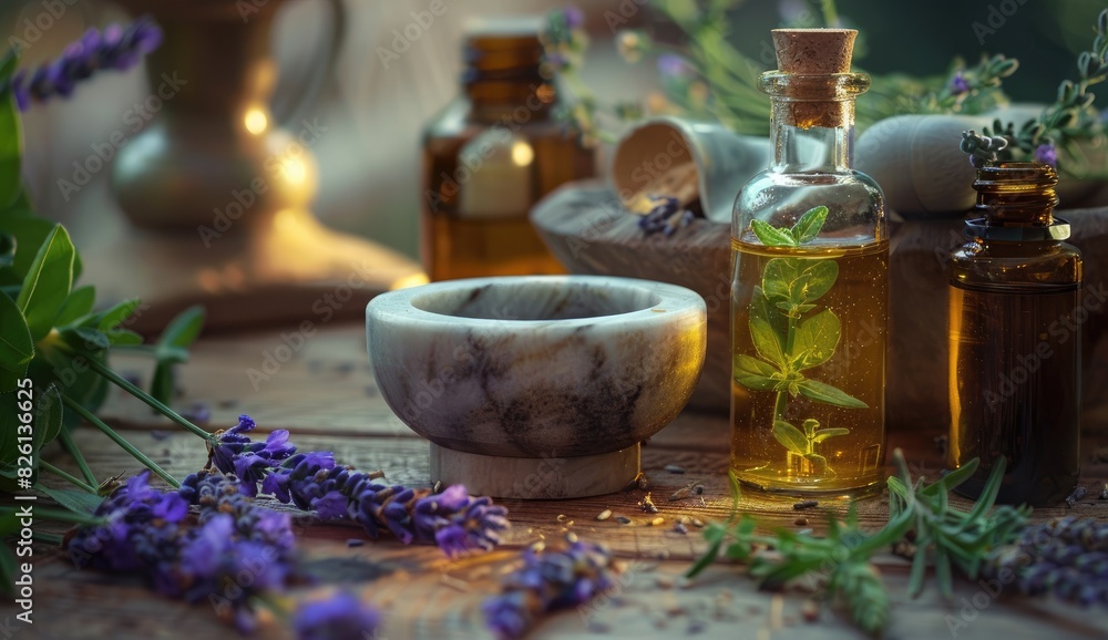 Still Life of Herbs and Essential Oils