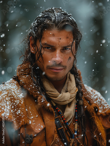 Native American man with long braided hair, wearing traditional attire adorned with beads and leather. Snow falls gently around him, emphasizing his intense gaze and the rugged beauty of the wildernes photo
