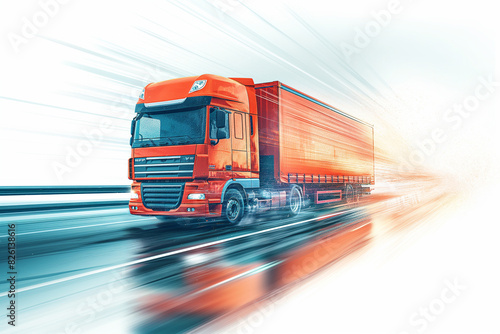 Fast moving trailer truck moving on the highway. Motion blurred background. Concept for logistics and shipping.