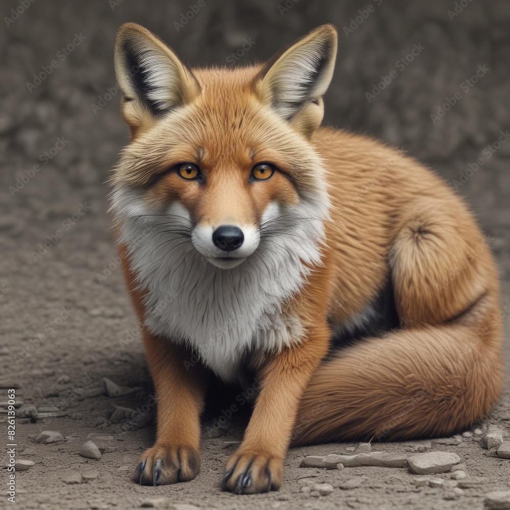 Fototapeta premium Young red fox sit on the ground