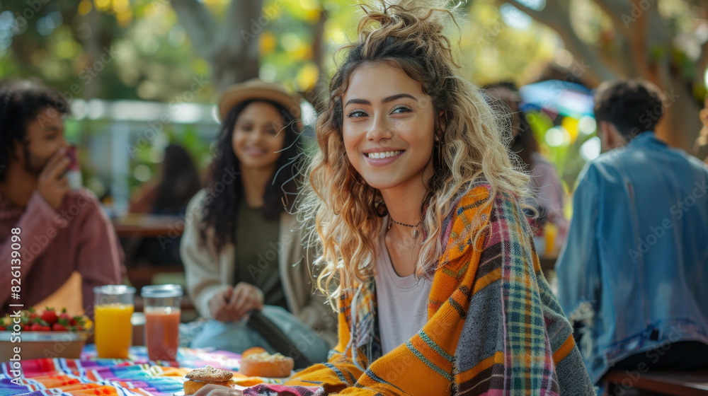 a multicultural group of friends happily picnicking in the park on a sunny day, sharing laughter and food on a vibrant blanket, embodies everyday life joy a multicultural group of friends happily picnicking in the park on a sunny day, sharing laughter and food on a vibrant blanket, embodies everyday life joy