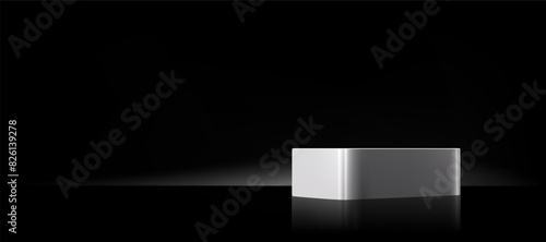 Black Background,Empty Studio Room with Spot Light on White Shiny Podium Display for Cosmetics Product Presentation,Vector Minimal Backdrop Metal shelf texture with light reflect on floor
