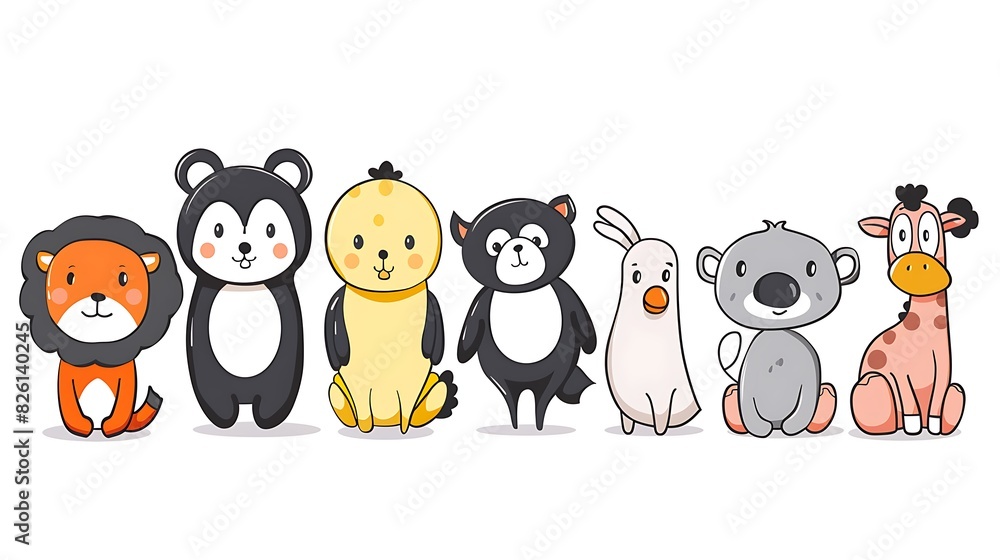Whimsical Cartoon Animals in Minimalist Style on White Background Whimsical Cartoon Animals in Minimalist Style on White Background