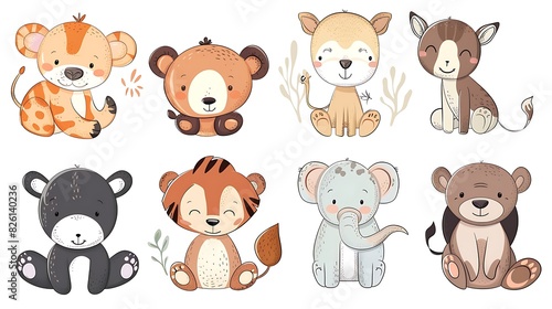 Whimsical Cartoon Animals in a Simple Draw Style Against a White Background