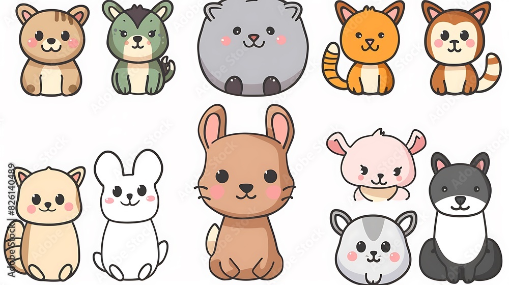 Fototapeta premium Whimsical Cartoon Animals in Simple Draw Style on White Background