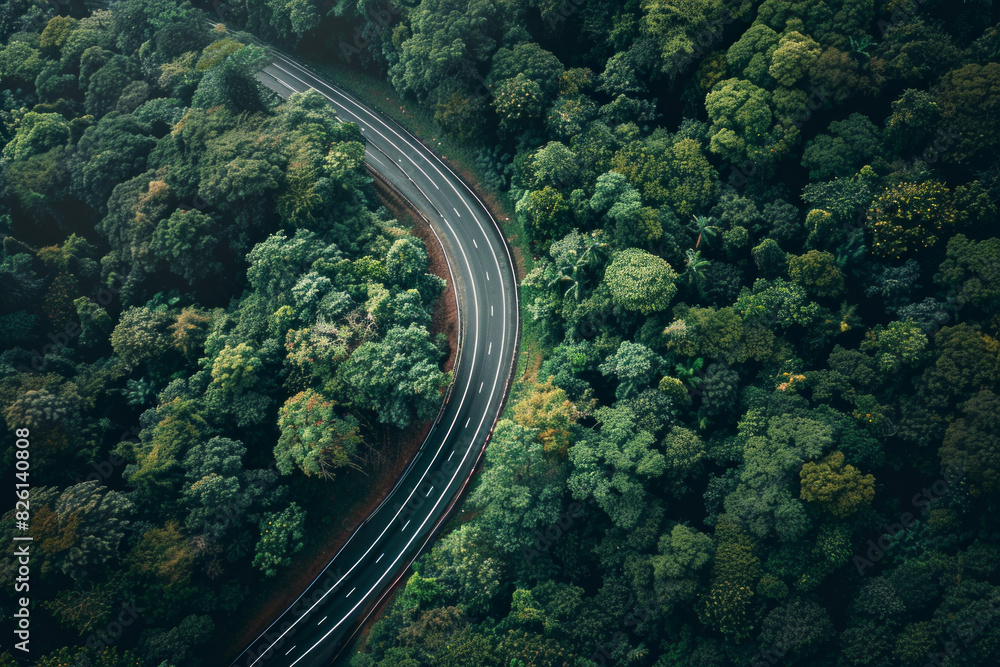 Aerial view of a single, winding road cutting through a dense forest or open landscape. Focus on the contrast between the man-made structure and the natural surroundings. Aerial view of a single, winding road cutting through a dense forest or open landscape. Focus on the contrast between the man-made structure and the natural surroundings.