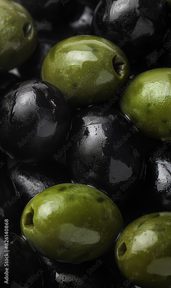 Obraz premium Closeup of olives texture with glossy green-black surface