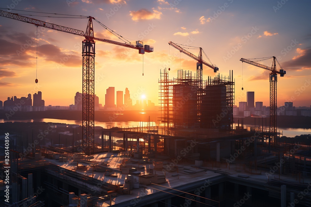Silhouette of construction workers on building site at sunset,3d render Silhouette of construction workers on building site at sunset,3d render