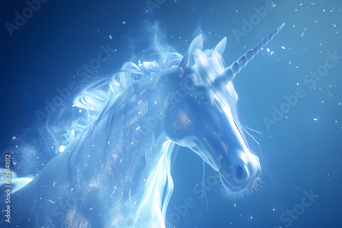 White unicorn luminous head with sparkles, isolated on blue purple background. Futuristic digital art © Oksana