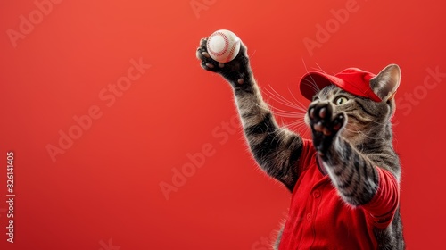 A cat in baseball gear, throwing a fastball like a human, on a simple red background with copy space on the right side photo