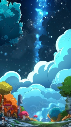 A whimsical cartoon sky filled with twinkling stars and fluffy clouds © Leli