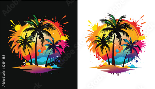 summer background with palm trees and sun t shirt design vector wolf illustration