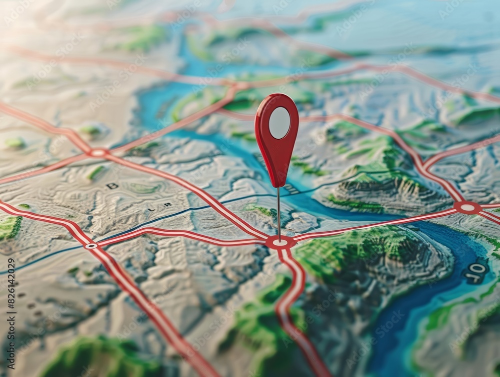 Dropping a location pin on a digital map during a road trip to mark a scenic spot Theme travel navigation - top view - route planning - digital tone Dropping a location pin on a digital map during a road trip to mark a scenic spot Theme travel navigation - top view - route planning - digital tone