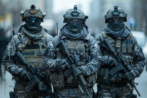 Three fully equipped military soldiers standing in formation with their faces blurred