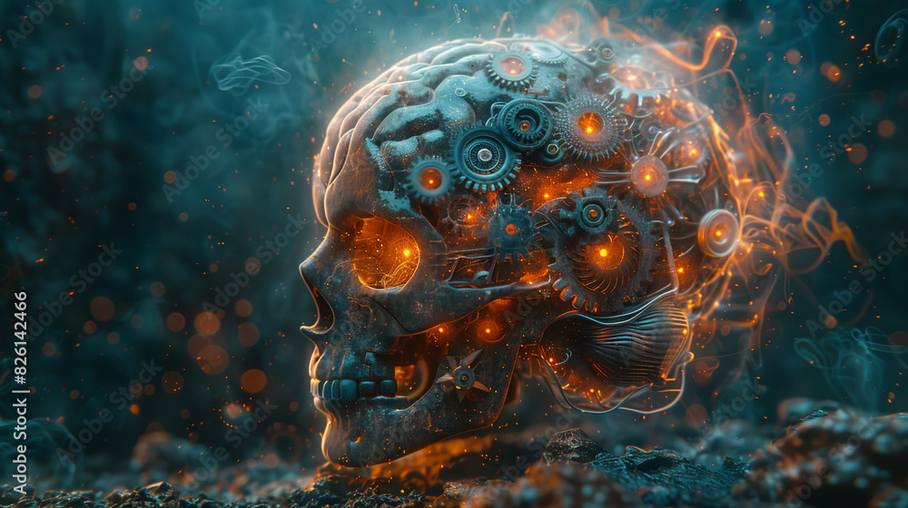 Steampunk skull with glowing brain, dark background Steampunk skull with glowing brain, dark background