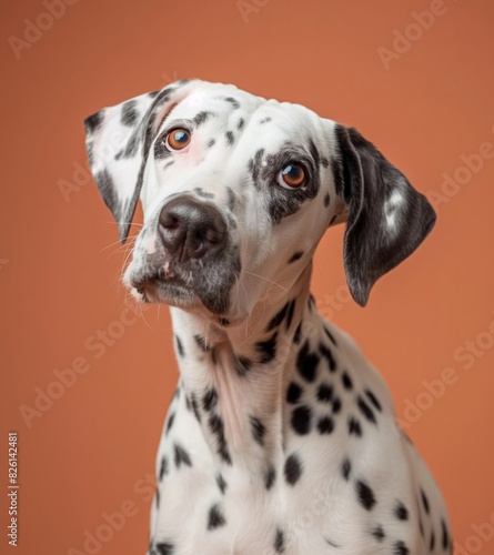 Dalmatian dog on minimalistic colorful background with Copy Space. Perfect for banners, veterinary ads, pet food promotions, and minimalist designs. © Darya