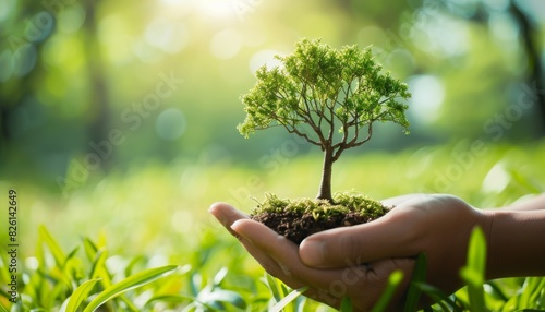 Growing tree in hand, protecting the environment, sustainable development concept.