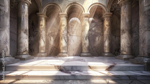 Sunlight streams through majestic marble pillars onto grand steps in an ancient architectural hall. A serene, majestic atmosphere prevails.