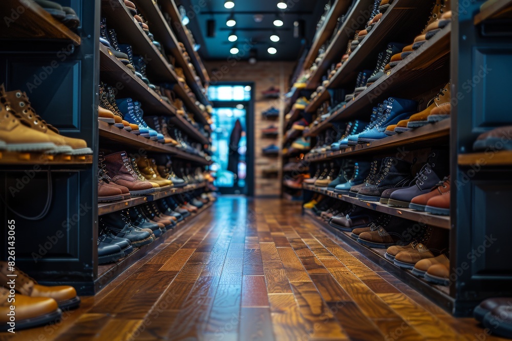 Perspective view down an aisle of a shoe store showcasing various styles of leather footwear on wooden shelves Perspective view down an aisle of a shoe store showcasing various styles of leather footwear on wooden shelves