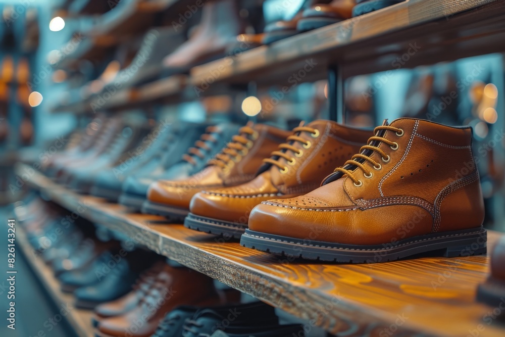 High-quality brown leather shoes arranged neatly on a wooden shelf in a shoe store with soft lighting