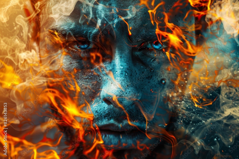 Surreal art image of a man's face intertwined with vibrant fire and smoke, creating a powerful representation of inner conflict and intensity.