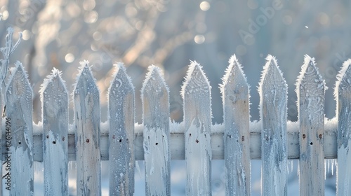 A faded picket fence transformed into a winter dreamland with a coating of shimmering hoar frost.