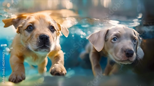 Adorable dogs swimming underwater golden labrador and Weimaraner puppy having fun. Concept Dogs, Swimming, Underwater, Golden Labrador, Weimaraner Puppy, Fun photo