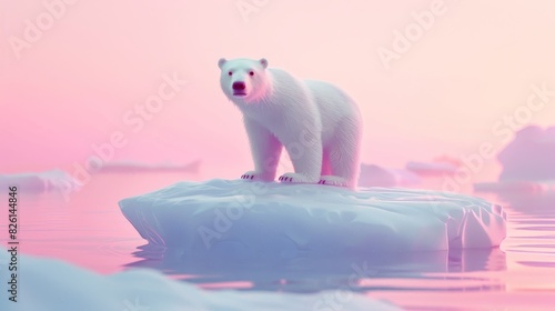 Polar bear on a miniature ice chunk, standing in the Arctic Ocean, 3D, adorable style, cool pastel hues, soft and diffused lighting photo
