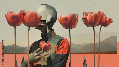 A person wearing a helmet stands with flowers in front photo