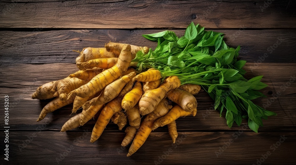 fresh turmeric with green leaves still attached, placed on a dark wooden surface fresh turmeric with green leaves still attached, placed on a dark wooden surface