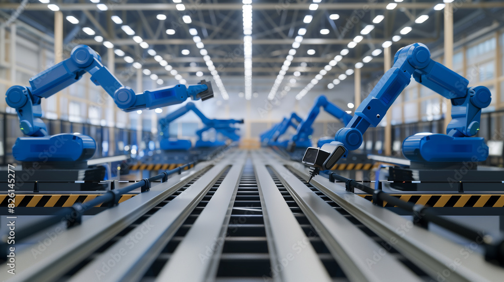 A factory with robots on a conveyor belt. The robots are blue and white