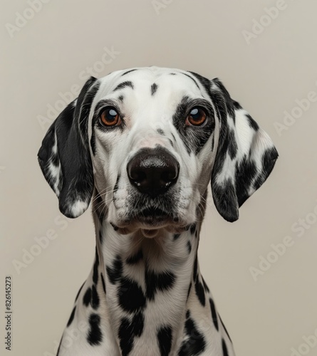 Majestic Dalmatian Dog with Attentive Expression, with Copy Space. Cute spotted dog against light beige background. Perfect for banners, veterinary ads, pet food promotions, and minimalist designs. © Darya