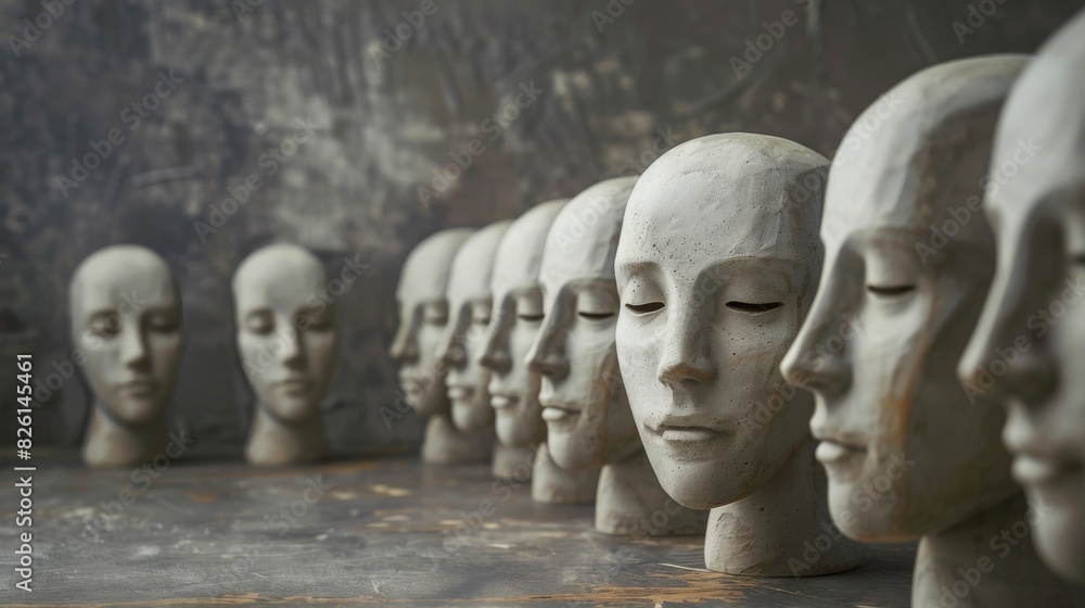 Fototapeta premium A row of plaster heads with their eyes closed.