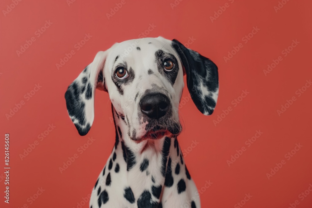Majestic Dalmatian Dog with Inquisitive Expression, with Copy Space. Cute spotted dog against vibrant red background. Perfect for banners, veterinary ads, pet food promotions, and minimalist designs.
