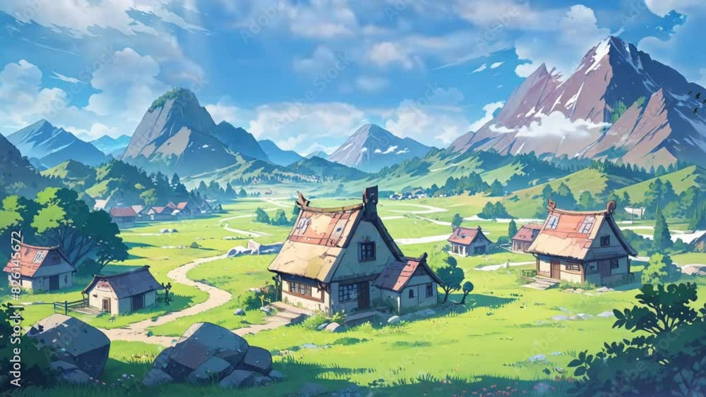 Tranquil mountain scenery featuring a traditional house amidst rolling green hills, animated in a captivating 4k looping anime style video. Tranquil mountain scenery featuring a traditional house amidst rolling green hills, animated in a captivating 4k looping anime style video.