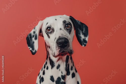 Majestic Dalmatian Dog with Inquisitive Expression  with Copy Space. Cute spotted dog against vibrant red background. Perfect for banners  veterinary ads  pet food promotions  and minimalist designs. 