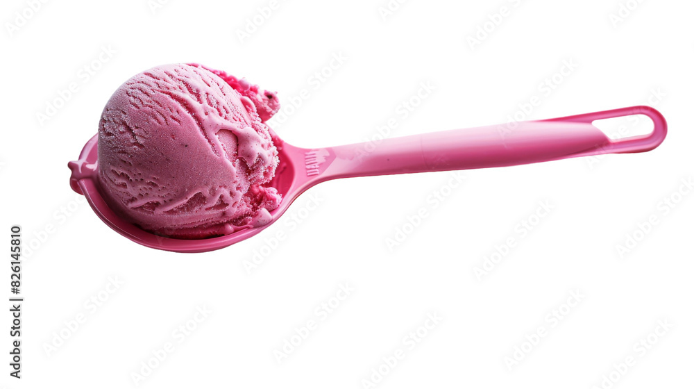 A single scoop of creamy ice cream sits atop a pink spoon, ready to be enjoyed A single scoop of creamy ice cream sits atop a pink spoon, ready to be enjoyed