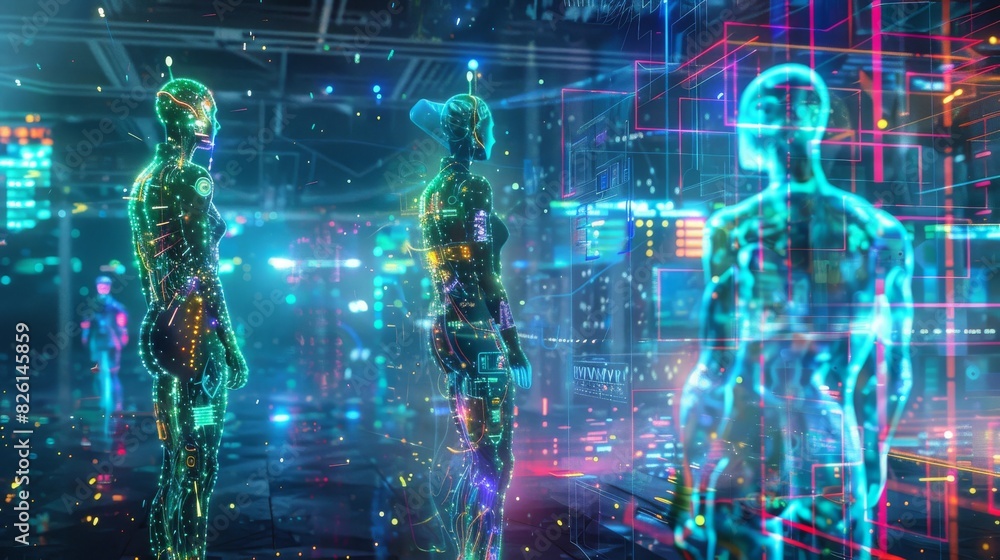 A surreal scene of neon light humanoid figures A surreal scene of neon light humanoid figures