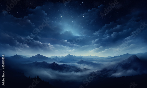 Starry Night Over Mountain Range with Misty Clouds