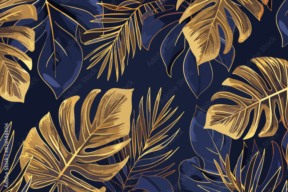 Vector golden leaves for interior design, textile, texture, poster, package, wrappers, gifts, wallpapers on a blue background Vector golden leaves for interior design, textile, texture, poster, package, wrappers, gifts, wallpapers on a blue background