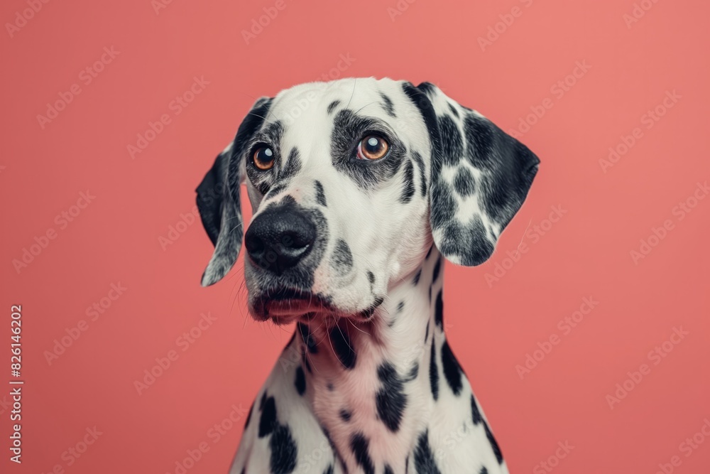 Majestic Dalmatian Dog with Inquisitive Expression, with Copy Space. Cute spotted dog against soft coral background. Perfect for banners, veterinary ads, pet food promotions, and minimalist designs.