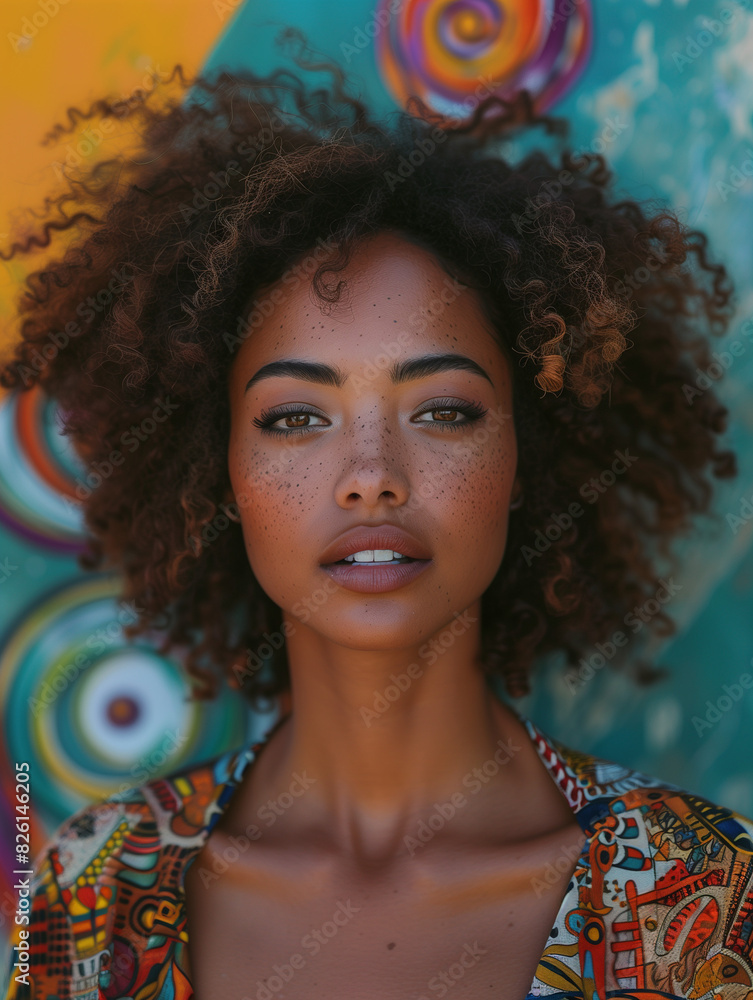 woman with natural curly hair and freckles. She stands against a colorful, abstract background, her serene expression and vibrant attire highlighting her striking features and unique beauty woman with natural curly hair and freckles. She stands against a colorful, abstract background, her serene expression and vibrant attire highlighting her striking features and unique beauty