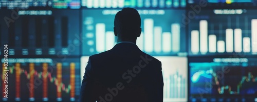 Businessman looking at financial data on a large display. photo