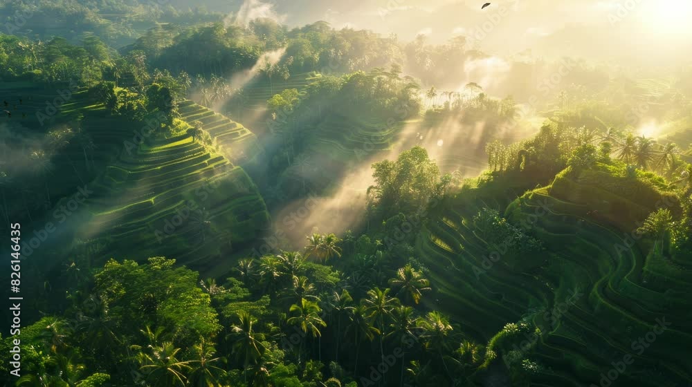 The view of a rice field in the morning with morning dew makes it look very charming. Virtual 4K video animation background with looping time lapse with very smooth graphics.