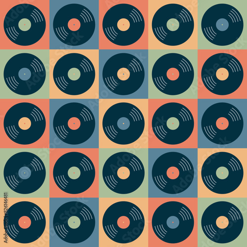 Vector seamless pattern with retro vinyl records. Colorful background in flat style.	